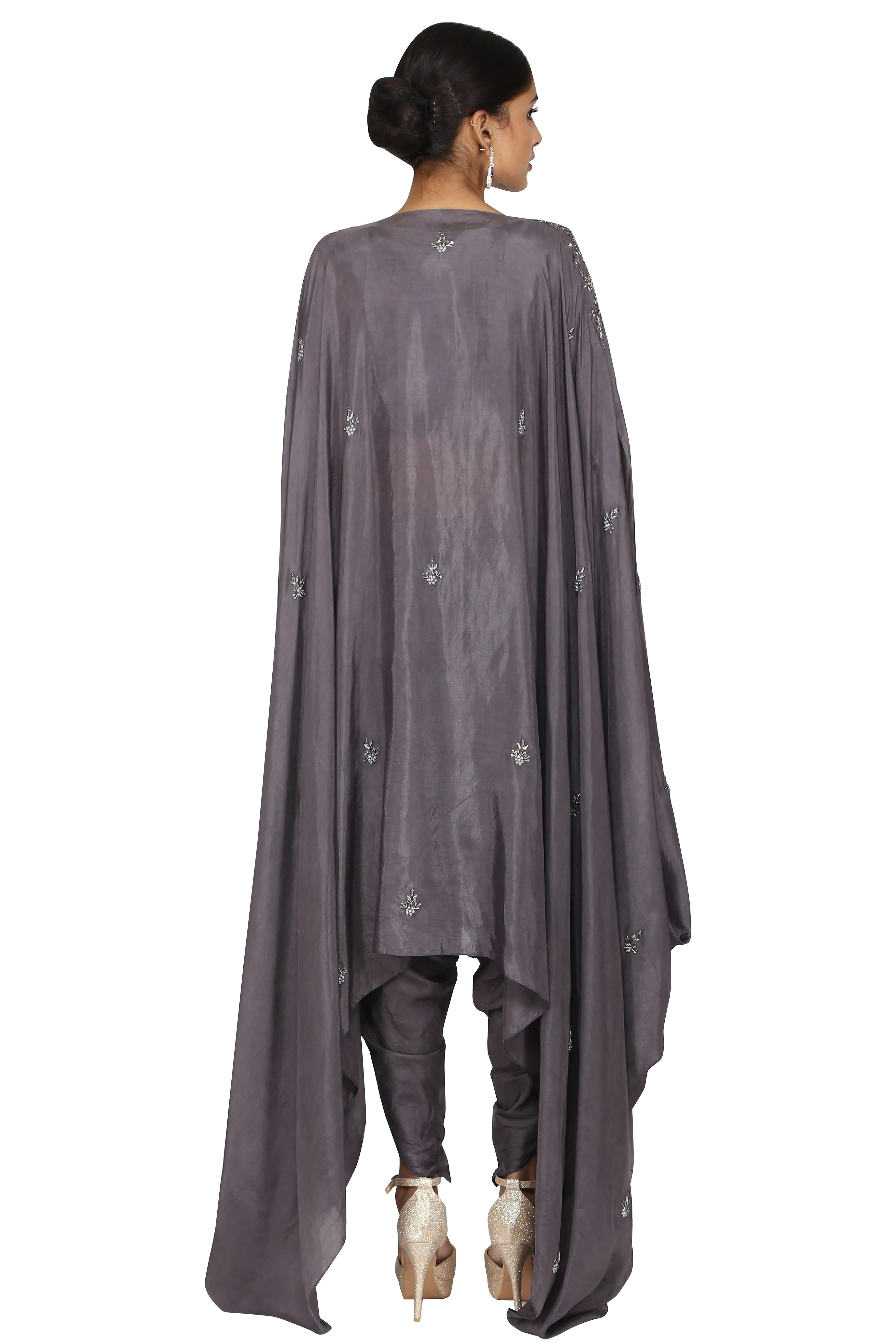 Steel grey cape and dhoti set.