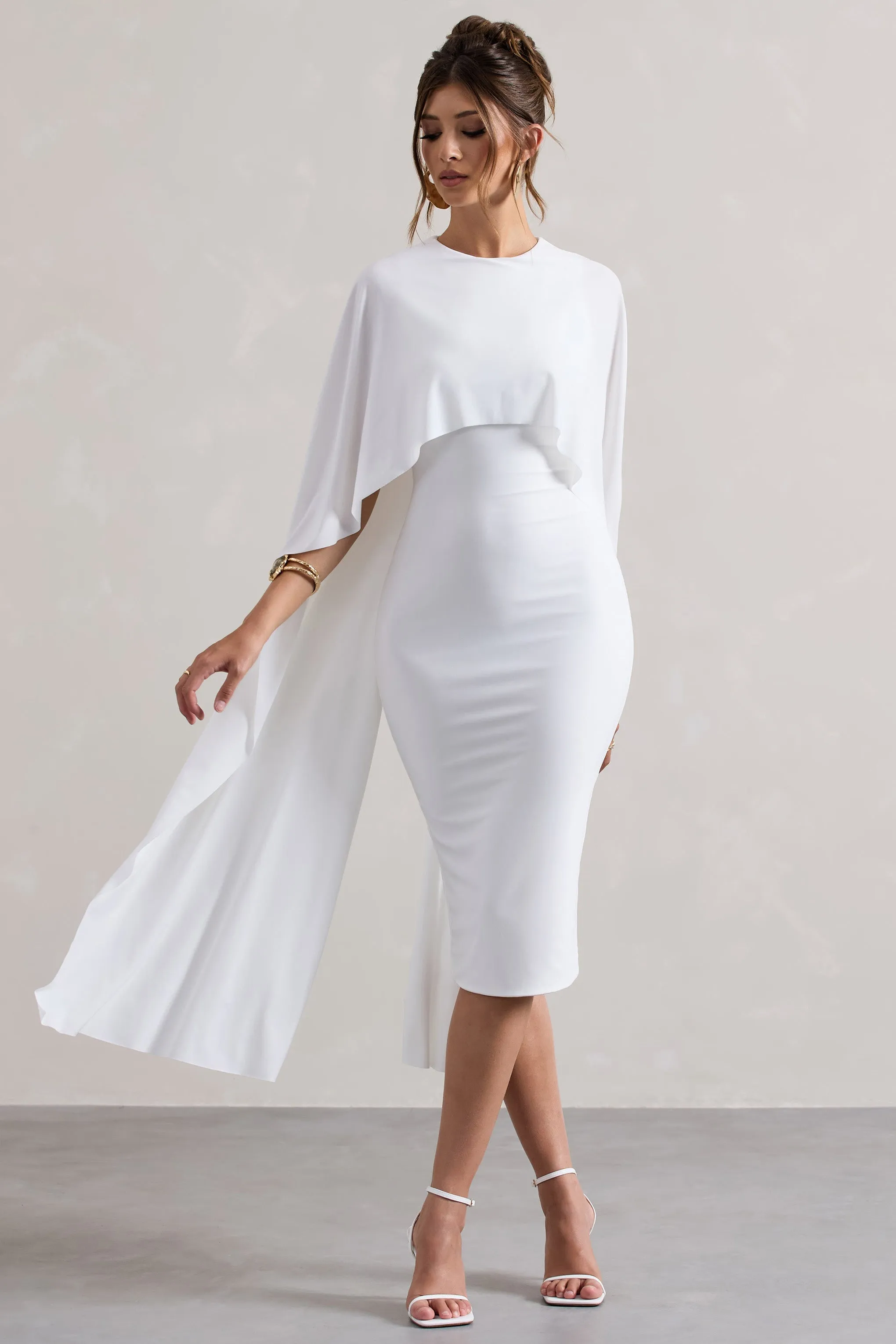 Vana | White Draped Midi Dress With Cape Sleeves