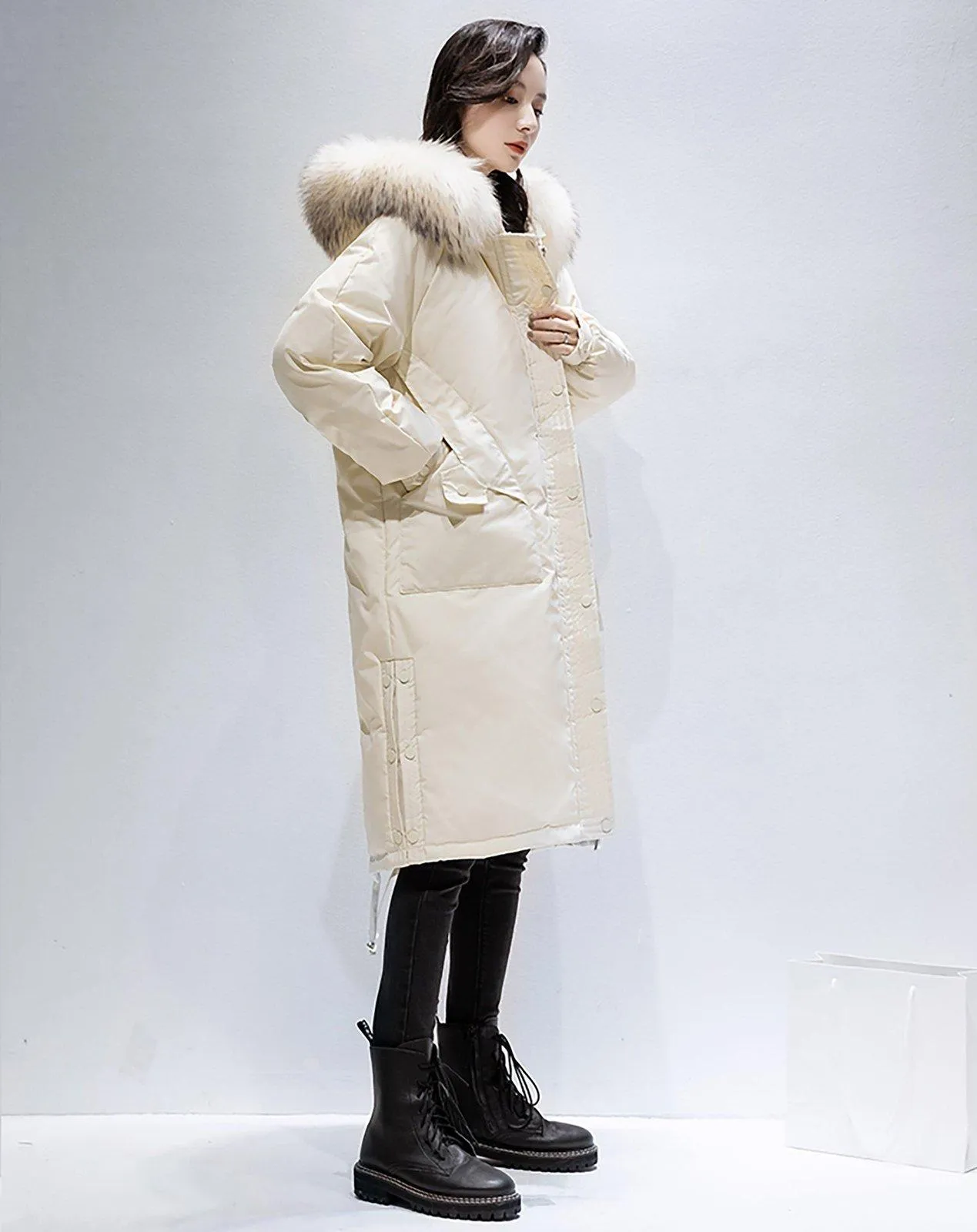 Women's Hooded Parka Long Down Coat,Black fur Hood Down Puffer Coat,Quilted Down Parka Coat,White Fur Collar Hood Down Coat,Warm winter coat